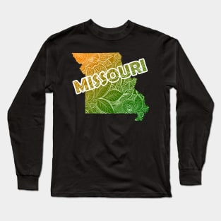 Colorful mandala art map of Missouri with text in green and orange Long Sleeve T-Shirt